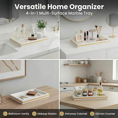 Natural Marble Tray, Marble Vanity Tray Organizer | Natural Marble, Jewelry Perfume Tray, Vanity Organizer, Non-Slip, Bathroom Dresser Nightstand, Gift for Her - color: White