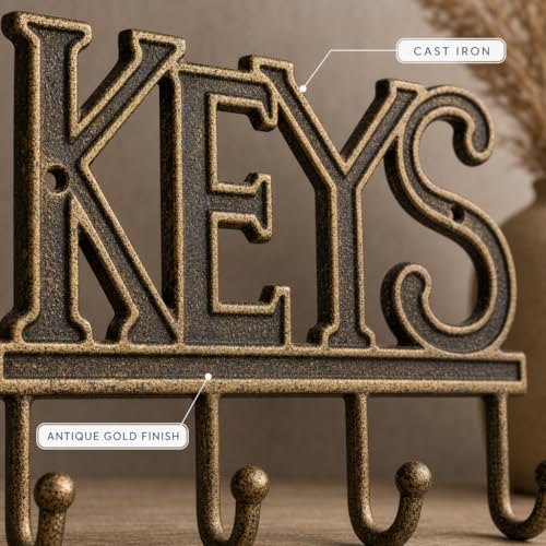 Comfify Gold-Black Cast Iron Key Holder for Wall – Keys Sign with 4 Hooks | Warm gold with black antique finish; mounting hardware included; entryway, hallway or door; 6"H x 8"L; holds 8 keychains - color: Gold with Black