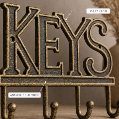 Comfify Gold-Black Cast Iron Key Holder for Wall – Keys Sign with 4 Hooks | Warm gold with black antique finish; mounting hardware included; entryway, hallway or door; 6"H x 8"L; holds 8 keychains - color: Gold with Black