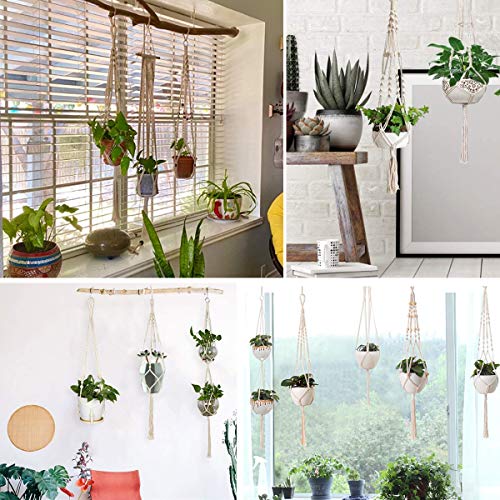 Macrame Plant Hangers Handmade Cotton Rope Flower Pot Holder Boho Theme Indoor Outdoor - Pack of 5 with Ceiling Hooks