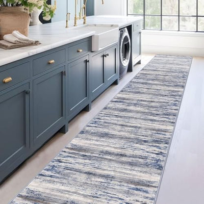 KOZYFLY Modern Abstract Washable Long Rug Runner 2.6x18 Hallway Rug Runner Non-Slip Soft Stair Runners, Grey-Blue Striped 18 feet Runner Rug for Kitchen Entryway Bathroom Laundry Room Foyer - color: Blue-grey, size: 2'8" x 18' (Runner)