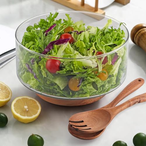 MDLUU Large Glass Salad Bowl with Wood Utensils Set, Serving Bowls for Salad, Layered Fruit Trifle