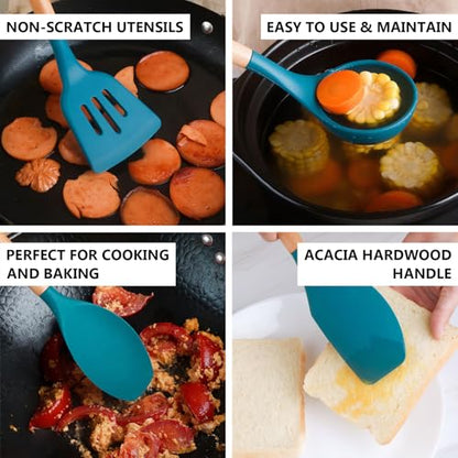 Silicone Kitchen Cooking Utensils Set 5Pcs Non-Stick Silicone Kitchen Utensils Set Spatula Spoon Turner Ladle with Wooden Handle, Heat Resistant Cooking Gadgets for Nonstick Cookware BPA-FREE - color: Blue, size: Standard 5-Piece Set