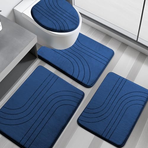 Blue Memory Foam Bathroom Rugs Set, Soft Non Slip Mats, Extra Thick for Bath, Tub, Toilet and Floor - color: Blue-2, size: 4 pieces