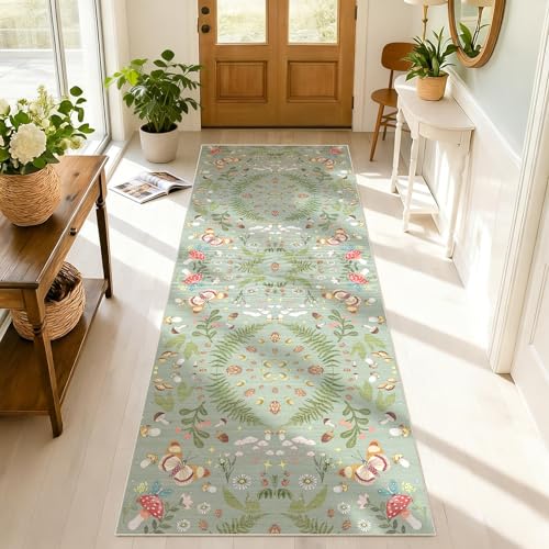 Washable Kitchen Runner Rug 2x6： Non Slip Soft Runners for Hallways Ultra-Thin Laundry Room Rug Butterfly Long Carpet for Bathroom Bedroom Entryway Farmhouse（Green，2x6） - color: Green, size: 2' x 6' (Runner)