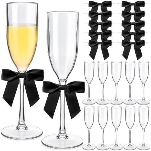 Zopeal Plastic Reusable Champagne Flute Glasses 6 oz and 50 Pcs Bow Set Acrylic Wedding Toasting Goblet 3.5" Bow Unbreakable Wine Cup for Bachelorette Bridal Shower Party(Clear and Black) - color: Clear and Black