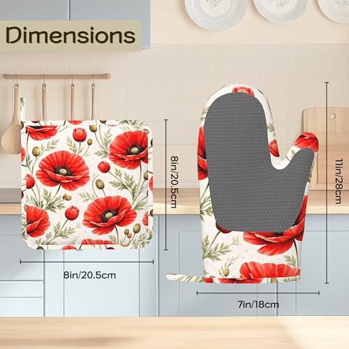 Red Poppy Flowers Oven Mitts and Pot Holders Sets of 4, Heat Resistant Silicone Oven Mitts Gloves Non-Slip Kitchen Mittens Potholders for Cooking Baking Grilling BBQ - color: Red Poppy Flowers