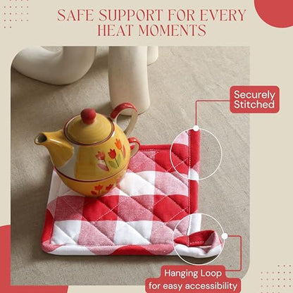 Oven Mitt & Pot Holder Buffalo Plaid Check 100% Cotton Heat Resistant Oven Gloves (7"x13") & Hot Pads (8"x8") Combo for Baking, Cooking - Red - color: Red, Buffalo Plaid