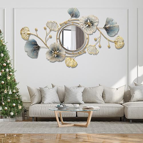 Metal Wall Mirrors Decor, 59" x33” Large Ginkgo Leaf Wall Art | Decorative Wall-Mounted Mirror, 3D Creative Modern Ginkgo Leaves Flower Big Wall Hanging Mirror, for Living Room (59X33 Inch)