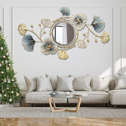 Metal Wall Mirrors Decor, 59" x33” Large Ginkgo Leaf Wall Art | Decorative Wall-Mounted Mirror, 3D Creative Modern Ginkgo Leaves Flower Big Wall Hanging Mirror, for Living Room (59X33 Inch)