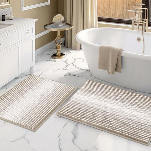 Bathroom Rugs Sets 2 Piece, Non Slip Boho Bath Mats, Light Taupe | 20"x32" Plus 16"x24", Soft Absorbent Chenille, Striped Quick Dry Machine Washable, Shower Rug for Bathroom Bedroom Decor - color: Light Taupe, size: 20" x 32" Plus 16" x 24"