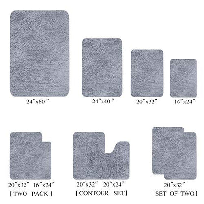 Walensee Shaggy 2 Piece Bath Rug Sets (Grey) 20 x 24 Non Slip, U Shape Contour Rug & 20 x 32, Machine Wash/Dry Plush Absorbent Bath Mats for Bathroom - color: Grey