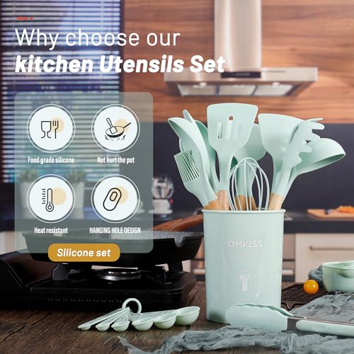 QMVESS Silicone Kitchen Utensils Set, 35 Pcs Non-Stick Cooking Utensils Set, Sturdy Insulation Wooden Handle Kitchen Accessories for Cooking with Spatula Set and Spoons Set Gadgets (Light Green) - color: Light Green