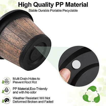 Quarut Large Plastic Plant Pots Set of 4 Pack13 inch,Whiskey Barrel Planters with Drainage Holes & Saucer.Flower Pots Imitation Wine Barrel Design for Indoor & Outdoor Garden Balcony Plants (Brown) - size: 13 inches