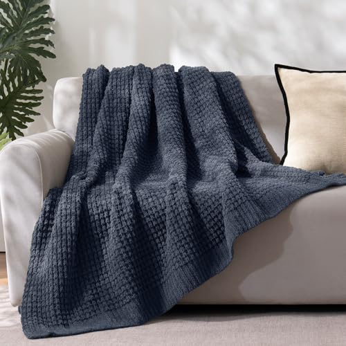 PHF Chenille Waffle Knit Throw Blanket- Plush Warm & Cozy 50" x 60" Ultra Soft Blanket- Chunky Fluffy Waffle Throws for Couch Bed Sofa - Navy Blue - color: Navy Blue, size: Throw(50"X60")