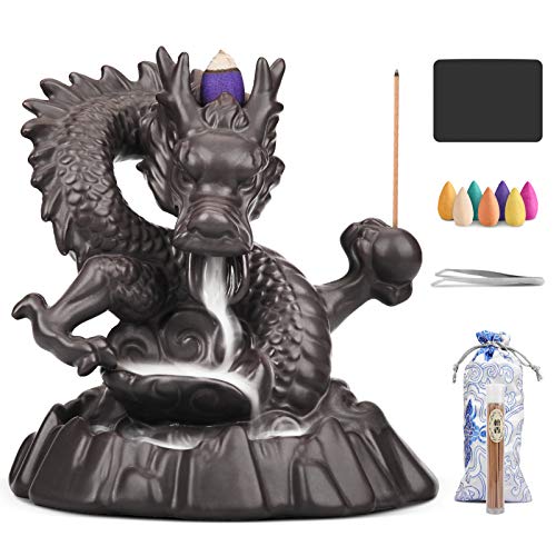 Ceramic Dragon Backflow Incense Holder Waterfall Incense Burner, Smoke Incense Holder, with 70 Backflow Incense Cones + 50 Incense Stick, 1 Mat, 1 Tweezers Home Decor (Brown-Dragon) - color: Brown-dragon