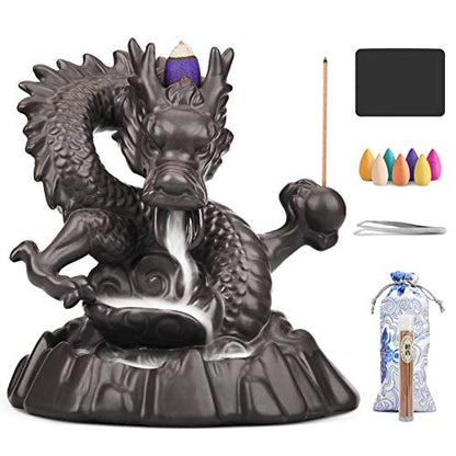 Ceramic Dragon Backflow Incense Holder Waterfall Incense Burner, Smoke Incense Holder, with 70 Backflow Incense Cones + 50 Incense Stick, 1 Mat, 1 Tweezers Home Decor (Brown-Dragon) - color: Brown-dragon