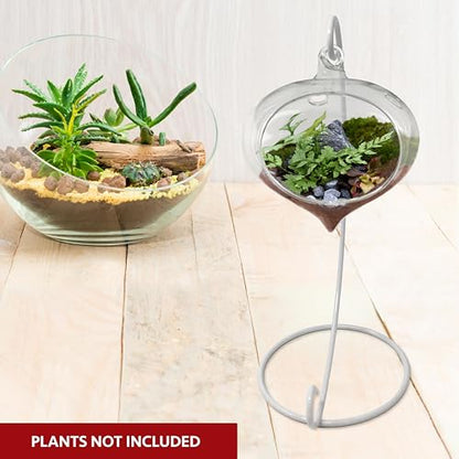 Glass Terrarium with White Metal 9" Stand – Hanging Air Plant Holder, Succulent Planter, Desktop Geometric Terrarium Decor for Home, Office, or Gift