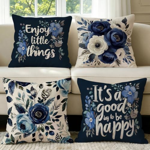 Blue Floral Pillow Covers Set of 4, 16x16 Spring Farmhouse Decor | Premium Faux Linen Blue Floral Pillow Covers Refresh Spring Farmhouse Style for Sofa Porch Patio Living Room - color: Flowers Blue, size: 16" x 16" (Pack of 4)