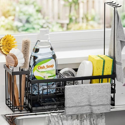 Kitchen Sink Organizer, Stainless Steel Sponge Holder, Black | Rust-Resistant Steel, Detachable Draining Board, Compartment Divider, Brush Holder & Towel Bar, Ideal for Kitchen Storage - color: Black