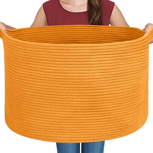 Extra Large Orange Basket, 22" X 22" X 14" Woven Cotton Rope Bins for Blankets, Baby Nursery Wicker Laundry Towel Basket, Kids Dog Toy Storage Box, Big Orange Living Room Decor Organizer - color: Orange, size: 22"x22"x14"