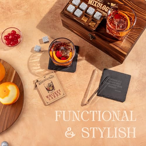 Mixology & Craft Whiskey Stones Gift Set – Includes Two 10oz Crystal Whiskey Glasses, 8 Granite Chilling Rocks, Slate Coasters, Metal Tongs, Cocktail Recipe Cards, Elegant Wooden Storage Box - size: Dark Latch Crate
