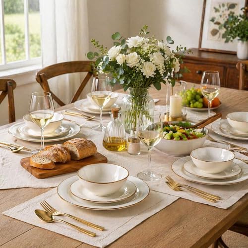 AmorArc Ceramic Dinnerware Sets for 4, Handmade Plates and Bowls Sets | Stoneware Reactive Glaze Dish Set, Scratch Resistant, Dishware Set for Kitchen Wedding, Dishwasher & Microwave Safe - color: Reactive White