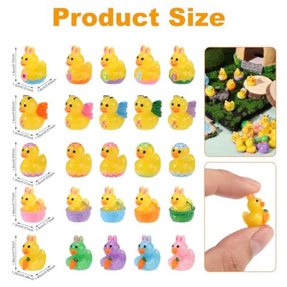Lyreh 25pcs Mini Resin Ducks for Easter, 5 Styles Tiny Ducks Resin Easter Butterfly Small Basket Stuffers Little Miniature Figurines Eggs Rabbit Duckies Garden Carrot Rabbit Ear Decoration