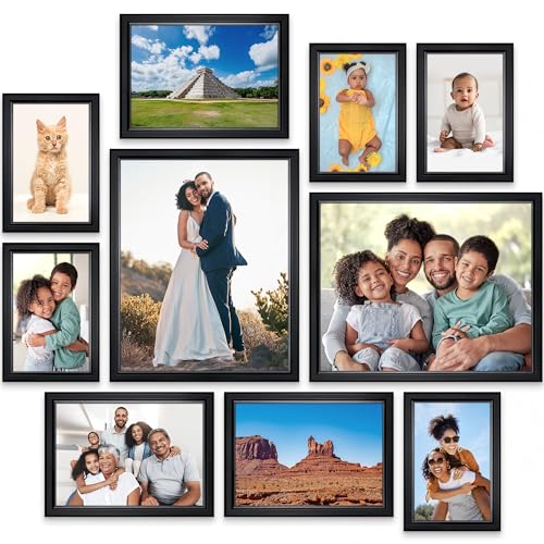 Combination Black Picture Frames Set - 10 PC (Five 4x6, Three 5x7, Two 8x10), Classy Contemporary Style, Maestro Collection for Wall Gallery | Icona Bay Mixed Photo Frames - Glass Cover Sheet - Classy Contemporary Style - Wall Gallery, Collage - Table Top