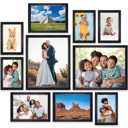 Combination Black Picture Frames Set - 10 PC (Five 4x6, Three 5x7, Two 8x10), Classy Contemporary Style, Maestro Collection for Wall Gallery | Icona Bay Mixed Photo Frames - Glass Cover Sheet - Classy Contemporary Style - Wall Gallery, Collage - Table Top