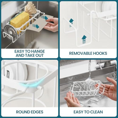 TAILI 4-in-1 Sponge Holder for Kitchen Sink with Strong Suction Cup-White | Removable Rustproof 304 Stainless Steel Multi-compartment Sponge Holder with Suction Cup, Keeps Brushes & Scrubbers Tidy - color: White, size: 7.28" x 2.36"