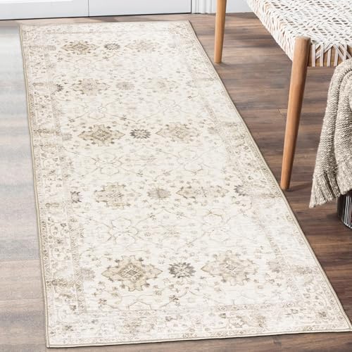 Machine Washable Area Rug Runner - Living Room Bedroom Bathroom Kitchen Entryway Office - Padded Low Pile Stain Resistant Premium - Boho Farmhouse Vintage - BEV - Beige 2'6" x 10' - color: Bev - Beige Tan Brown, size: 2'6" x 10' (Rectangular)