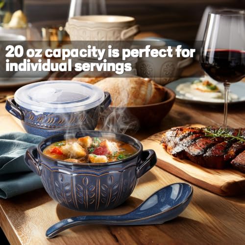 French Onion Soup Bowls with Handles and lids & Spoons, 20 Oz Ceramic Soup Crocks Oven Safe Serving Bowls for Chili, Beef Stew, Cereal, Pot Pies, Embossment, Set of 4, Blue (Wheat Leaf) - color: Blue (Wheat Leaf)