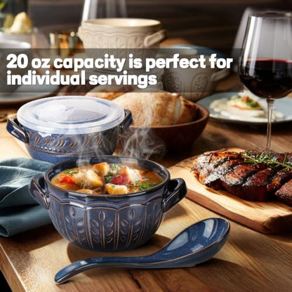 French Onion Soup Bowls with Handles and lids & Spoons, 20 Oz Ceramic Soup Crocks Oven Safe Serving Bowls for Chili, Beef Stew, Cereal, Pot Pies, Embossment, Set of 4, Blue (Wheat Leaf) - color: Blue (Wheat Leaf)