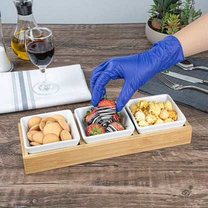 Restaurantware-6 Ounce Bowl Set with Tray - 1 Dishwashable Serving Set, Includes 3 Porcelain Bowls And 1 Bamboo Tray, Durable, White Porcelain And Bamboo Bowl And Platter Kit, Reusable, Freezable - size: Triple set, style: Modern