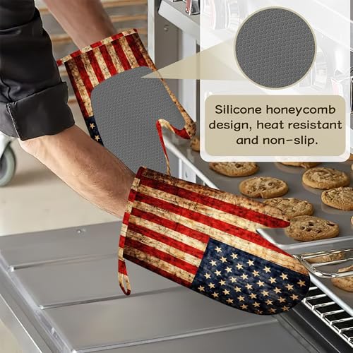 Retro USA Flag Oven Mitts and Pot Holders Set of 4, Heat Resistant Non Slip Kitchen Gloves Hot Pads, Chef Cooking Baking Gifts for Women Bakers, Kitchen Gifts for Cooking Lover Cooks Mom - color: Retro Usa Flag