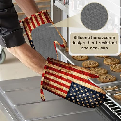 Retro USA Flag Oven Mitts and Pot Holders Set of 4, Heat Resistant Non Slip Kitchen Gloves Hot Pads, Chef Cooking Baking Gifts for Women Bakers, Kitchen Gifts for Cooking Lover Cooks Mom - color: Retro Usa Flag