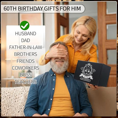 60th Birthday Gifts for Men 60th Birthday Party Supplies | Include 11 Oz Glass Stone Ice Tong Bottle Opener Cap Apron Socks Keychain Greeting Card for Him, Dad, Husband, Friends - style: 60th