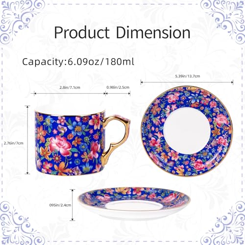 KAMMAK Tea Cup and Saucer, Ceramic Coffee Cups, 6 oz, Set of 2 | Porcelain Tea Cups with Saucers for Coffee and Cappuccino, Ideal for Breakfast, Afternoon Tea and Entertaining,649+650N - style: 649N+650N