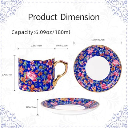 KAMMAK Tea Cup and Saucer, Ceramic Coffee Cups, 6 oz, Set of 2 | Porcelain Tea Cups with Saucers for Coffee and Cappuccino, Ideal for Breakfast, Afternoon Tea and Entertaining,649+650N - style: 649N+650N