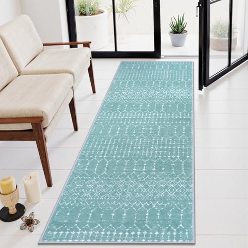 Lahome Moroccan Green Runner Rug 2x6 Washable Non-Slip Hallway Rug Runner Kitchen Throw Untra-Thin Entryway Carpet, Geometric Print Distressed Floor Mat for Hallways Bedroom Hana - color: Sage, size: 2' x 6' (Runner)