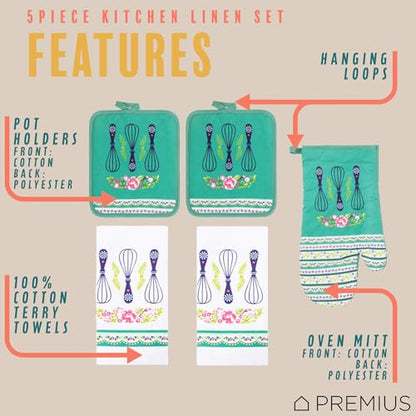 5 Piece Grandma's Whisks Printed Kitchen Linen Set, 2 Cotton Towels,2 Potholders,1 Oven Mitt with Hanging Loop, 100% Cotton Material on Front & Polyester Backing, Perfect Kitchen Accessory - color: Grandma's Whisks