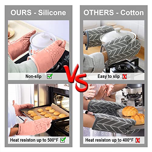 KEGOUU Oven Mitts and Pot Holders 6pcs Set, Kitchen Oven Glove High Heat Resistant 500 Degree Extra Long Oven Mitts and Potholder with Non-Slip Silicone Surface for Cooking (Pink) - color: Pink