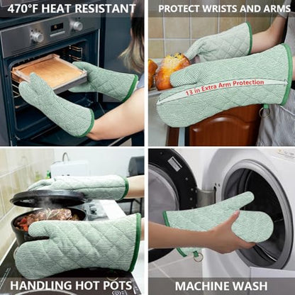 Yarn Dyed Oven Mitts 1 Pair, 100% Cotton Heat Resistant 470 Degree | Oven Gloves for Men Women Cooking Baking Barbecue BBQ Microwave Crafting Machine Washable Pot Holders Mittens (Green 2) - color: Green