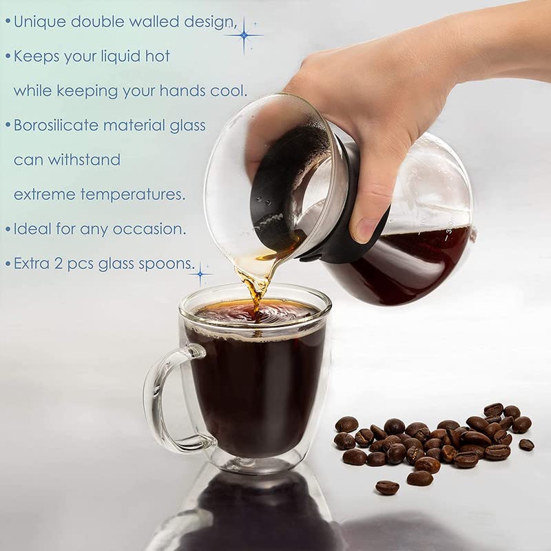 Moss & Stone Set of 4 Double Wall Glass Cup Clear Mug, Double Walled Coffee Mugs 7.4 Oz, Glass Tea Mugs, Insulated Coffee Mug With Handle & 2 Glass Spoons, Cappuccino Cups Set - style: 4 Cups with 2 Spoons