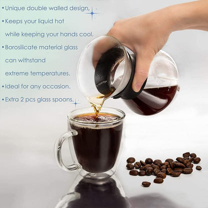 Moss & Stone Set of 4 Double Wall Glass Cup Clear Mug, Double Walled Coffee Mugs 7.4 Oz, Glass Tea Mugs, Insulated Coffee Mug With Handle & 2 Glass Spoons, Cappuccino Cups Set - style: 4 Cups with 2 Spoons