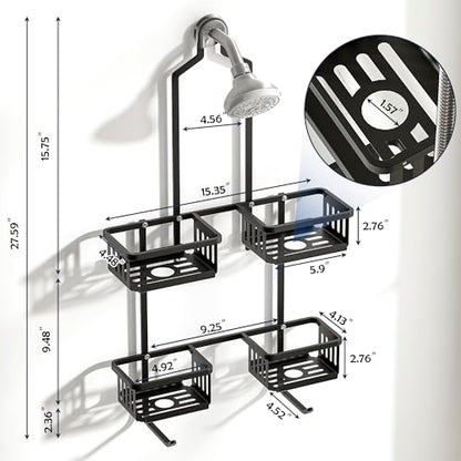 Aluminum Shower Caddy Hanging for Handheld Showerheads, Never Rust Shower Organizer with Hooks Holder Toothbrush Holder，Over Showerhead Caddy for Bathroom, Black - color: Black