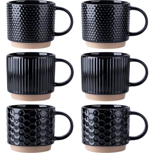 GBhome 12 OZ Stackable Coffee Mugs Set of 6, Ceramic Black Coffee Cups Set | 3 Assorted Designs, Embossed Mugs with Texture Patterns for Tea/Latte/Cappuccino, Dishwasher&Microwave Safe - color: Black, size: 12 Ounce(6PCS)