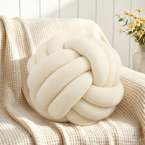 Knot Pillow Ball, Soft Plush Decorative Throw Pillow, Handmade Round Knotted Cushion for Sofa, Couch & Bedroom, Cute Home Decor Pillow (7.87 Inches, Ivory) - color: Ivory, size: 7.87 Inches