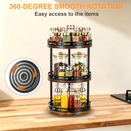 3 Tier Lazy Susan Organizer - 360° Rotating Spice Rack | Industrial Spinning Spice Rack, Versatile Wooden Lazy Susan for Kitchen Cabinet, Countertop, Pantry, Bathroom, Vanity - size: 3 Tier
